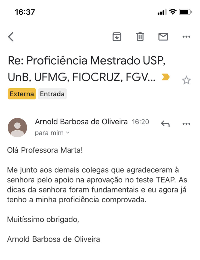 Depoimento de aluno do curso TEAP