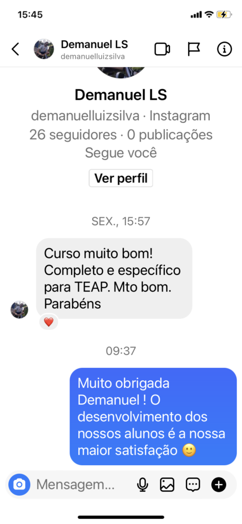 Depoimento de aluno do curso TEAP